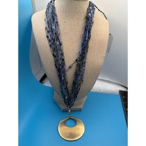 Fibrations C&C‎ Studios Blue Fiber Ladder Yarn Necklace Gold Tone Pendant USA